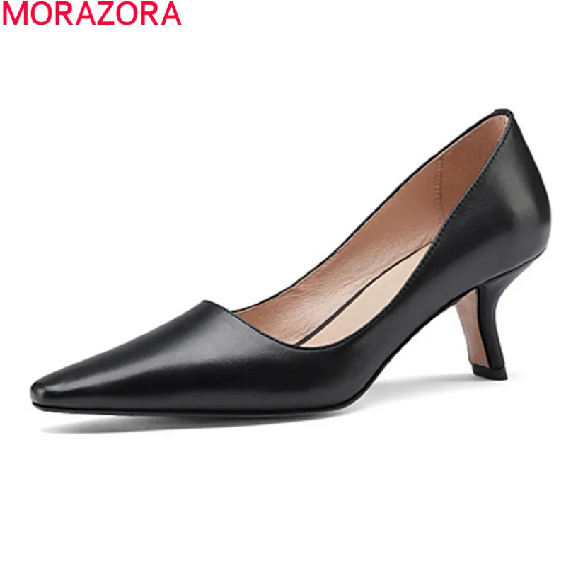 

MORAZORA 2021 Genuine Leather Pumps Fashion Pointed Toe High Heels Party Dress Shoes Summer Shallow Women Pumps Black Apricot