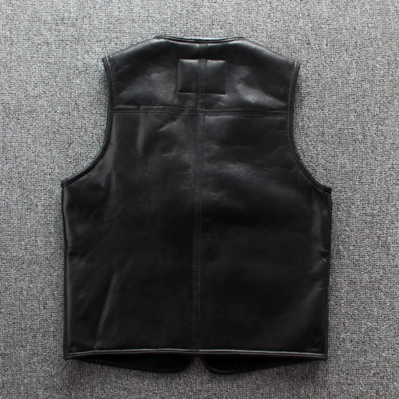 

Natural Winter Mens Shearling Vest Wool Lining Warm Slim Fit Moto Biker Waistcoat Vintage Sleeveless Leather Jacket Luxury Vests