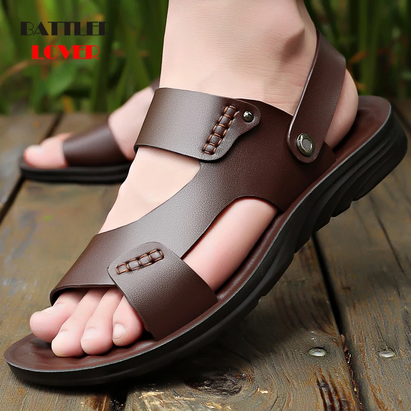 

New Casual Fashion Men Shoes Slip-On Genuine Cow Leather Soft Non-slip Beach Summer Sandals Slippers Flats Flip Flop