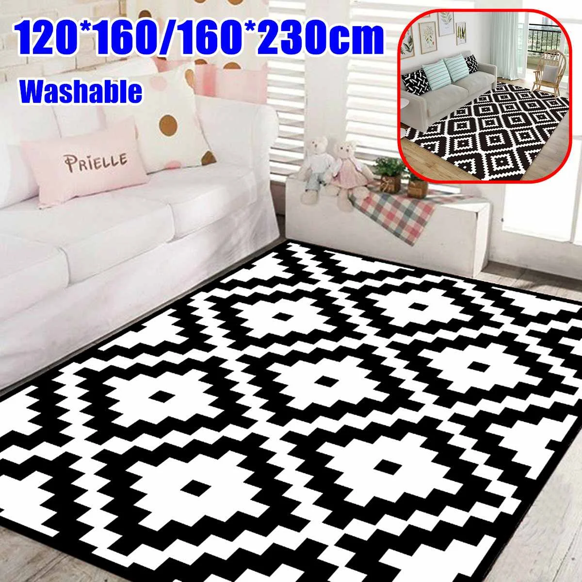 

Современные дизайнерские стильные ковры, ковер для гостиной, черный и белый ковер с геометрическим квадратным узором, пылезащитные декорат...