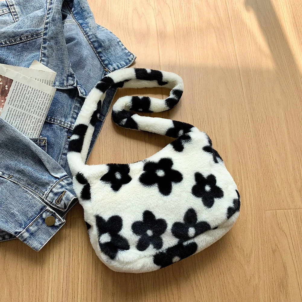 

Creative Flower Pattern Shoulder Bag Plush Messenger Bag Ladies Casual Autumn Winter Large Capacity Handbags