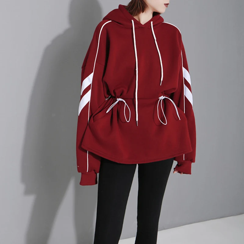 

Autumn Winter Fashion Black Burgundy Sweatshirts Women Casual Hoodies Long Sleeve Pullovers Loose Hooded Coat girdle