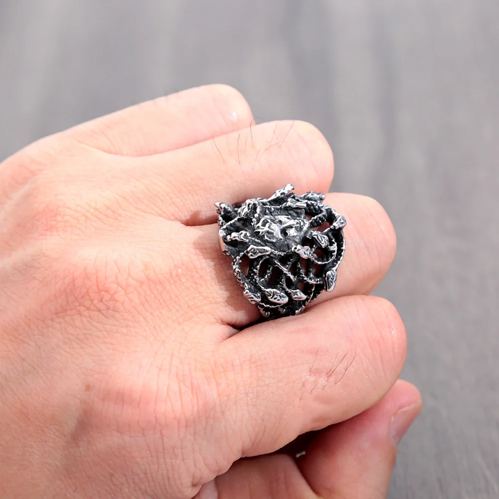 Кольцо из волос с ужасными веномозными змеями и Горгоной Черная Нержавеющая