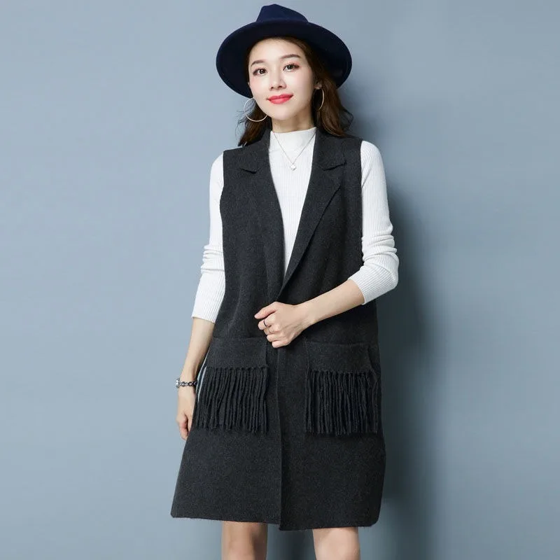 

2021 Autumn Winter New Womens Sleeveless Vest Jacket Coat Waistcoat Fashion Pocket Tassel Knitting Cardigan Outwear Gilet Y662