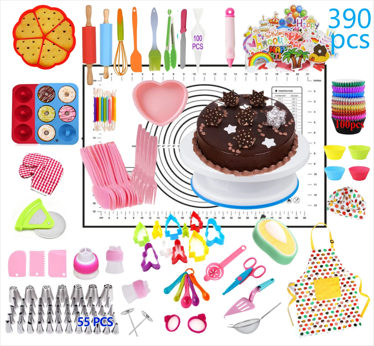 

390pcs Set Cake Decoration Tool Children's Apron Chef Hat Parent-child Activity Baking Tools Nozzle Pastry Bag Silicone Cups Etc