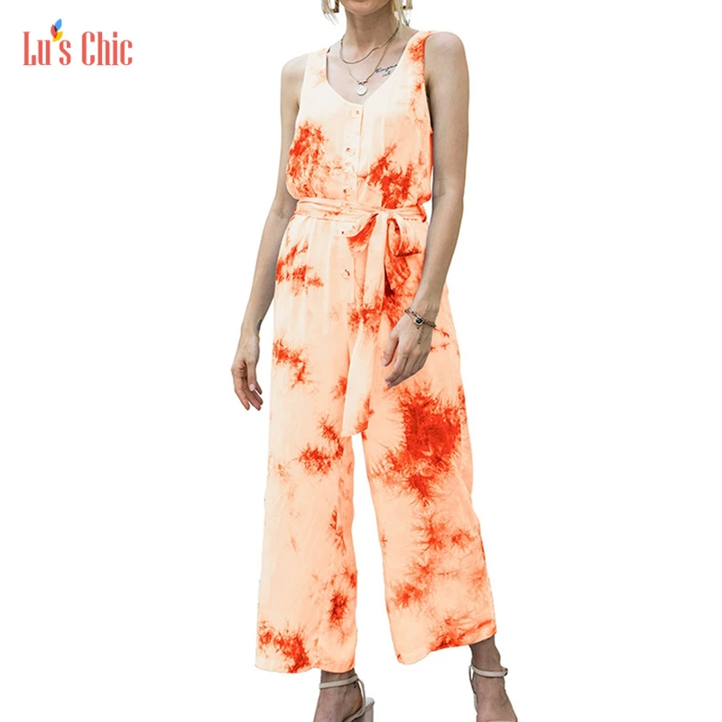 

Lu's Chic Summer Women Tie Dye Casual Sleeveless Midi Ankle Length Jumpsuit Long Romper Comfy Fitted Scoop Neck Belted Pockets
