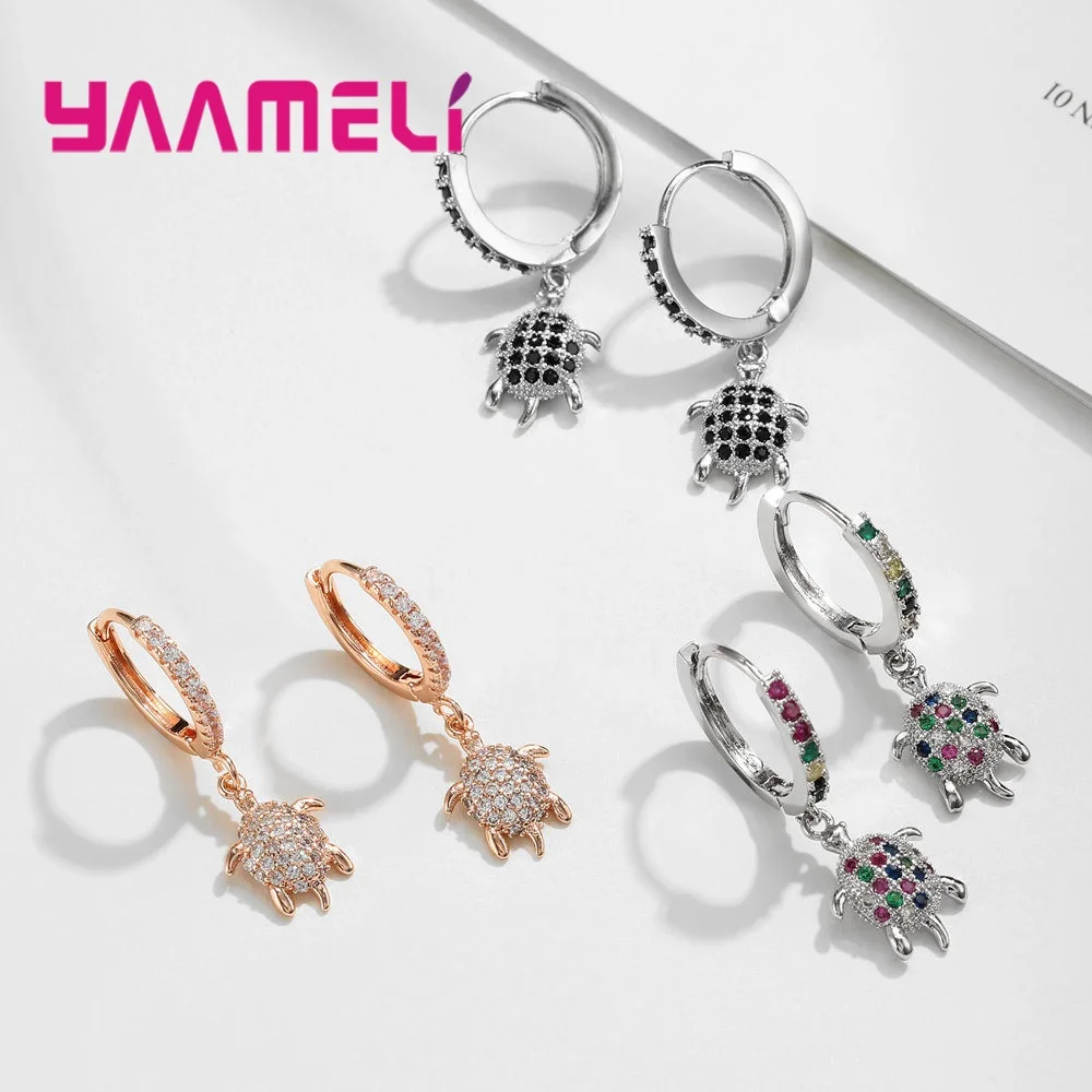 Серьги подвески из черепахи розовое золото серебро полная фианитовая