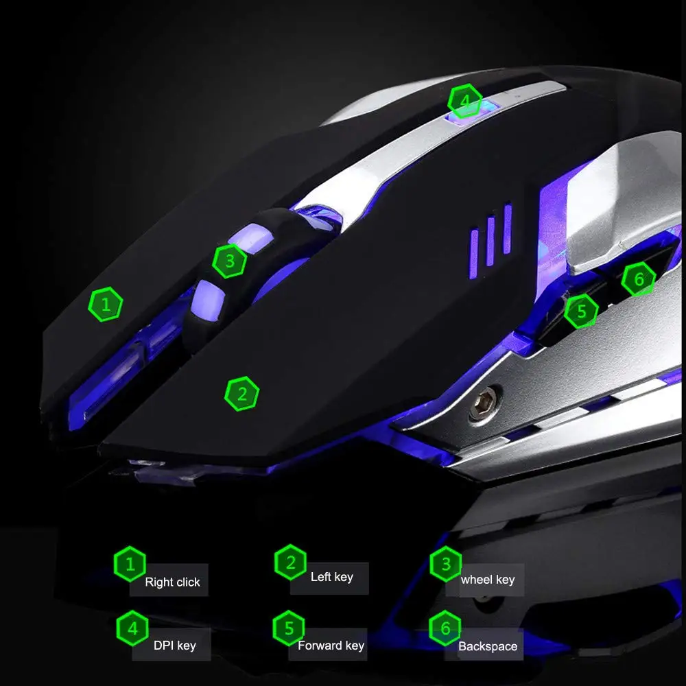 

Rechargeable Wireless Silent Gaming Mouse T1 Wireless Mouse Colorful Lights and 4 Gears 2400 DPI 400mah Lithium Battery for PC