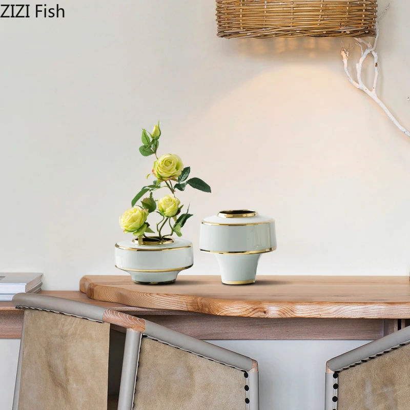 Chinese Ceramics Vase Green Glaze Golden Edge Vases Desk Decor Flower Insert Artificial Flowers Home Decoration Accessories | Дом и сад