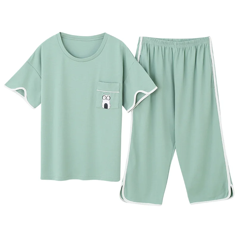 

Летняя трикотажная Хлопковая женская пижама с мультяшным принтом, Женская пижама с коротким рукавом и круглым вырезом, Повседневная Мягкая...