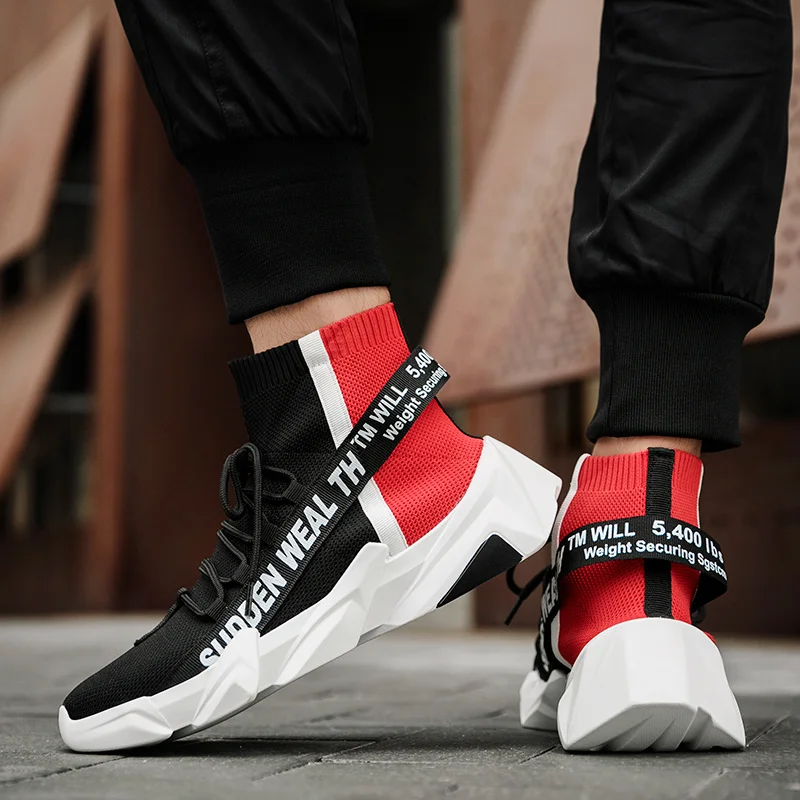 

Hot Sale Fashion White High Top Men Sock Shoes Casual Lightweight Chunky Sock Sneakers for Men Breathable Mesh Trainers Men 2020