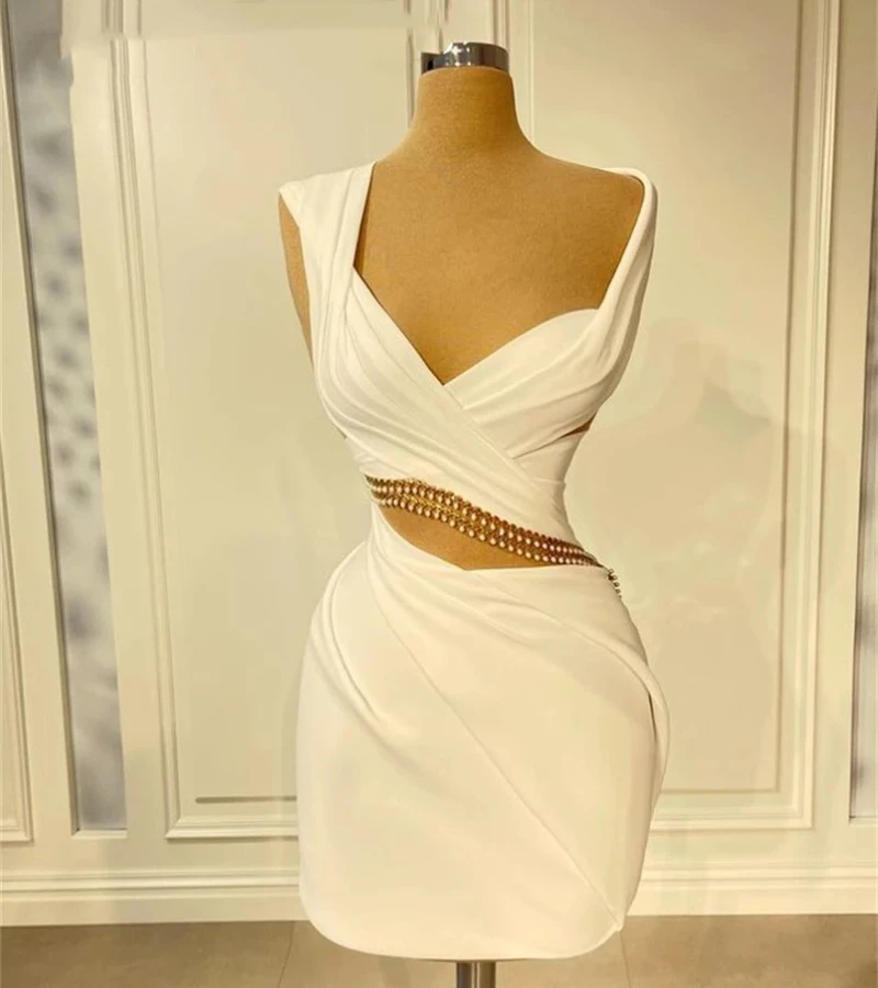 

White Short Straight Prom Dresses Sexy Sleeveless Evening Gowns Mini Beaded Formal Party Cocktail Robe De Soiree Pageant Dress