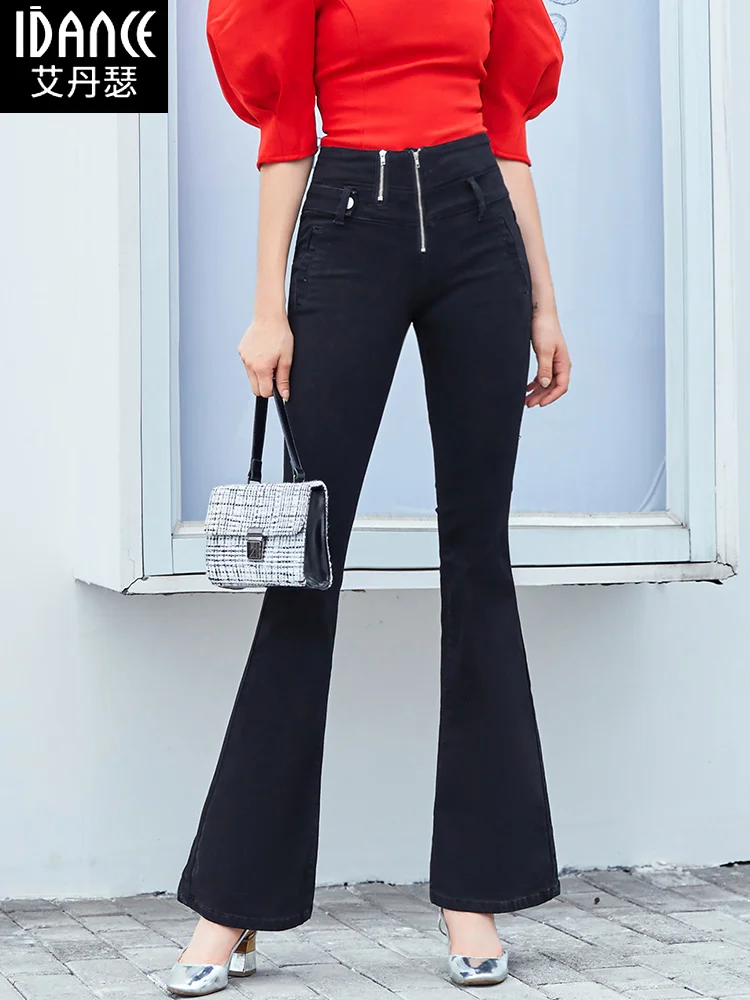 Free Shipping 2021 New Fashion Women Autumn Long Flare Pants Jeans Boot Cut Plus Size 25-30 Trousers For Tall Women Black Zipper
