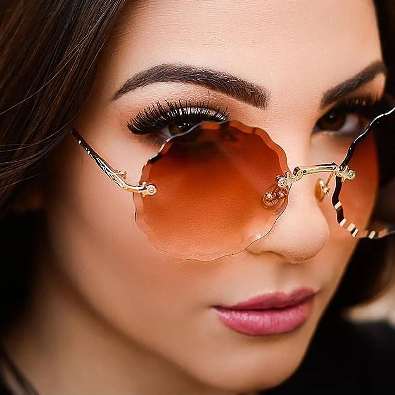 

Glamour Fashion 2021 Women Sunglasses Round Rimless Flower Cutting Designer Sun Glasses Luxury Ladies Shades