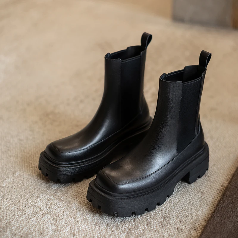 

Winter Genuine Leather Chelsea Thick bottom boots Women Ankle Boots Comfortable quality soft Shoes Brand Designer Handmade 2020