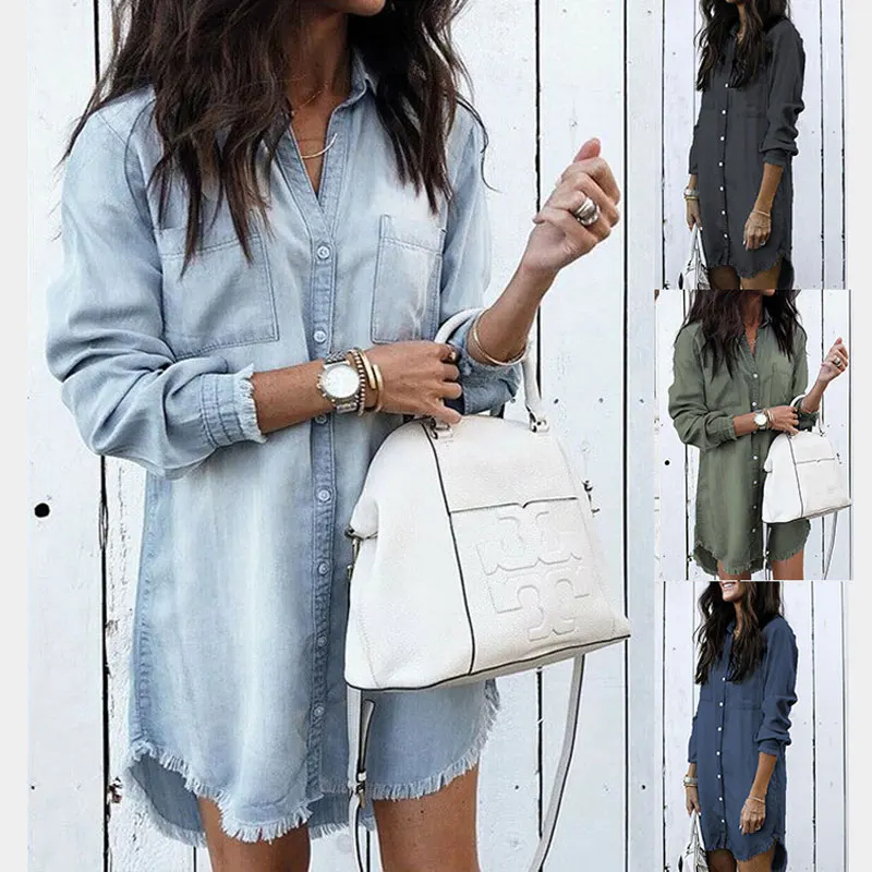 

Button Up Shirt Women Tops Blouses Fashion Fringed Spring And Summer Long Sleeved Button Long Ladies Denim Shirt нопка Ѭђбака