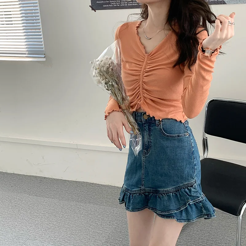 

Falbala cowboy short skirt female 2021 new summer bust skirt of tall waist show thin joker a word