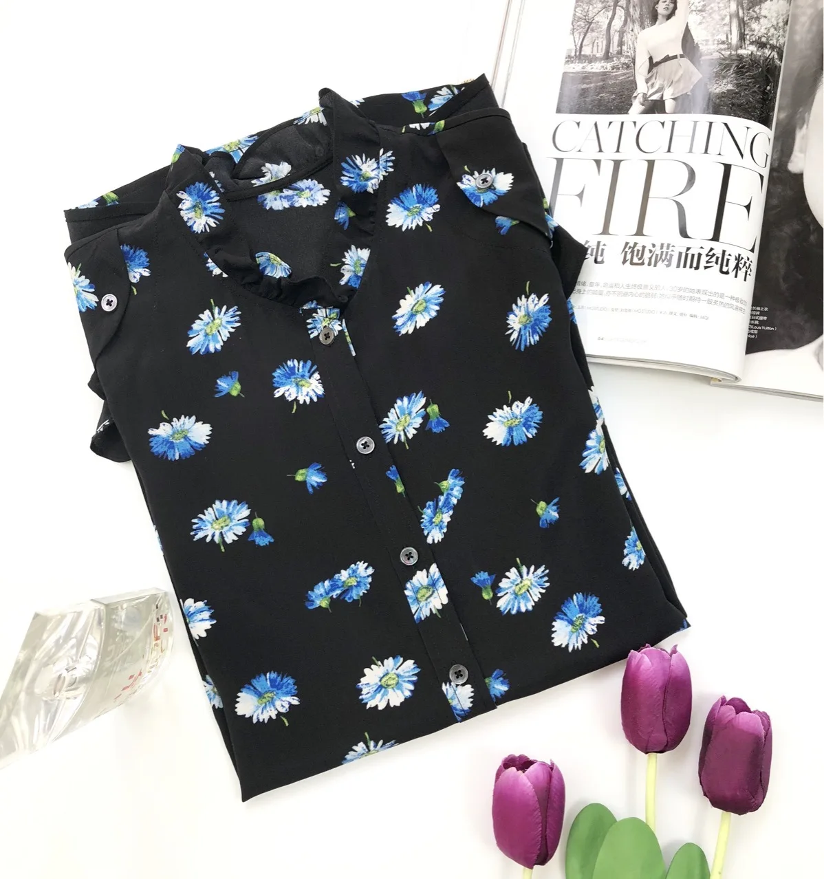 

Blue Daisy Blouses fluid silk-crepe shirt retro-inspired floral print blue-hued daisies ruffles shoulders
