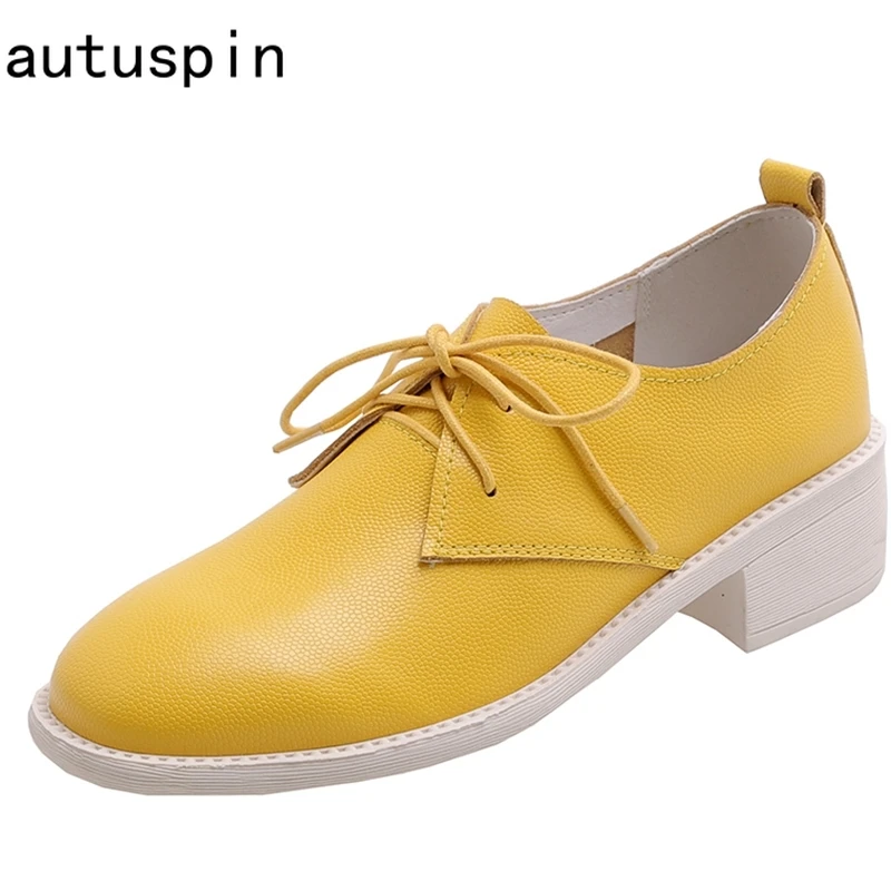 

Autuspin Concise Women Shoes Spring Female Cow Leather Round Toe High Heeled Oxfords for Lady Office Working Party Casual Pumps