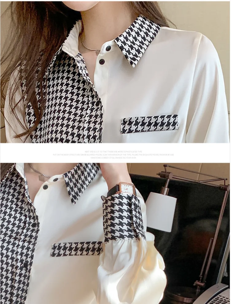 

Women's Blouses Chiffon Casual Polo Shirt Korean Loose Plus Size Fashion Long Sleeve Top Splicing Summer Lady Shirts Houthion