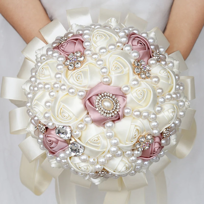 

Buque De Noiva Yellow Ivory Hand Holding Flowers Rose Pearls Birdal Wedding Bouquets for Bridesmaids Flowers Holder W226-3