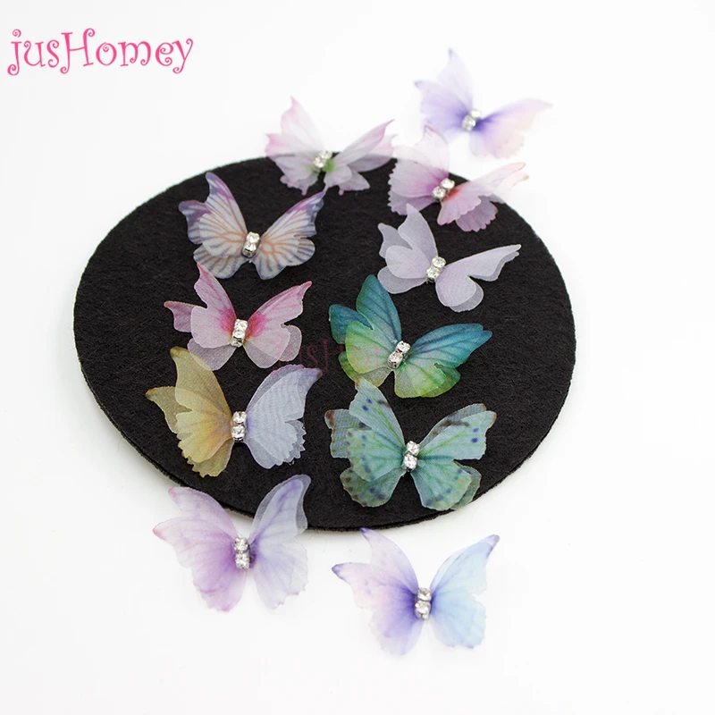 Mariposas de Organza irregulares de doble capa con diamantes de imitaci&oacute;n, accesorio de mariposa hecho a mano para boda, fabricaci&oacute;n de joyas DIY, 3cm, 100 Uds.-1