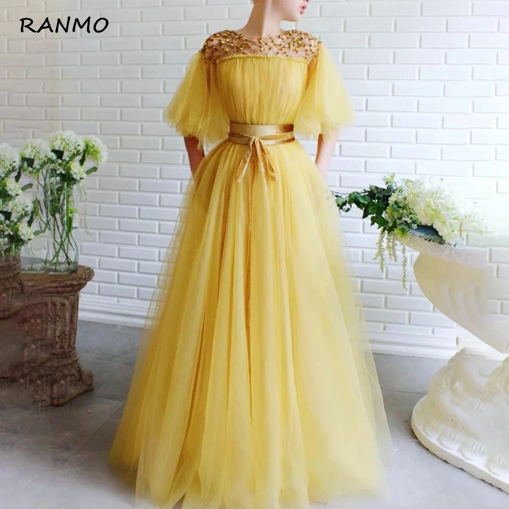 

Yellow Evening Prom Gown Puff Sleeves Beaded Half Sleeve Belt Dubai Saudi Arabic Sexy Evening Dresses Boho Prom Dress