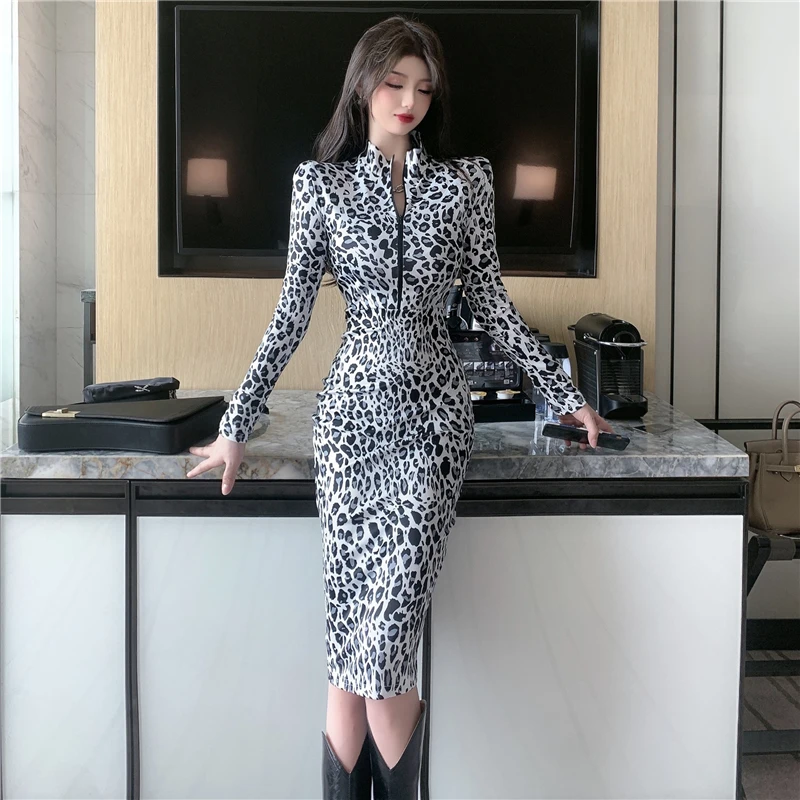 

Women's Spring Autumn Long Dress Ladies Zebra Elegant Hip Club Party Dress Long Sleeve Zipper High Neck Fashion Woman Dress