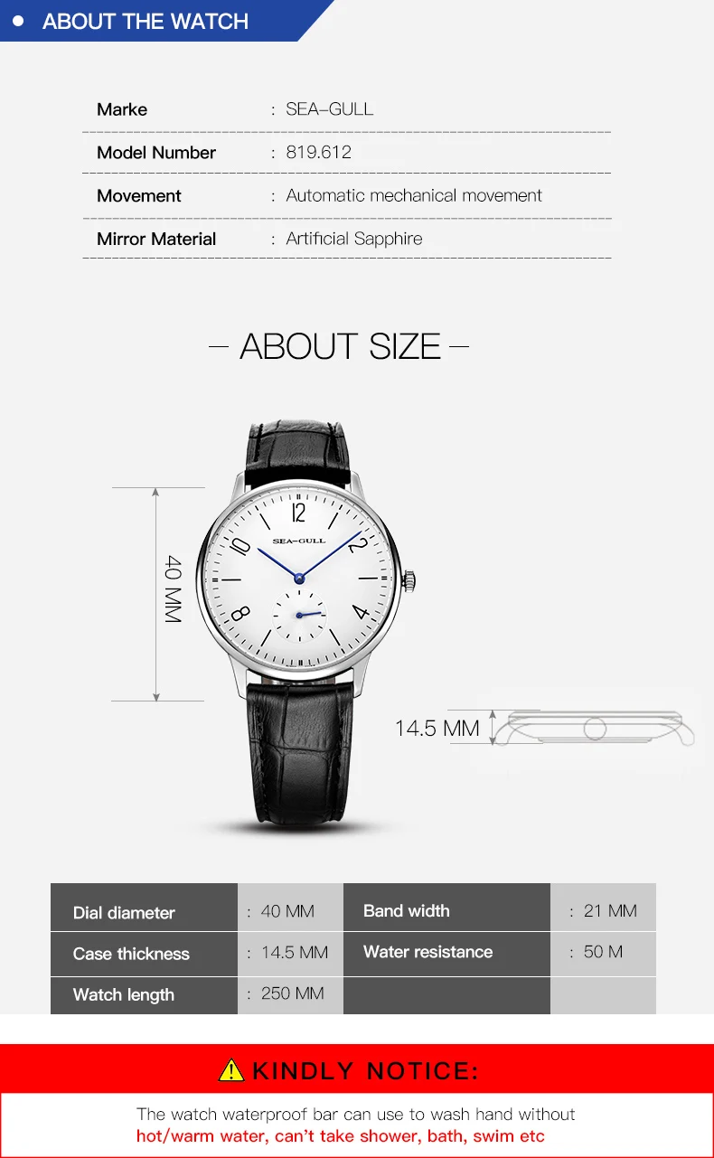 SEA-GULL деловые часы Мужские механические наручные часы 30 м водонепроницаемые простые сапфировые мужские часы с кожаной пряжкой 819,612