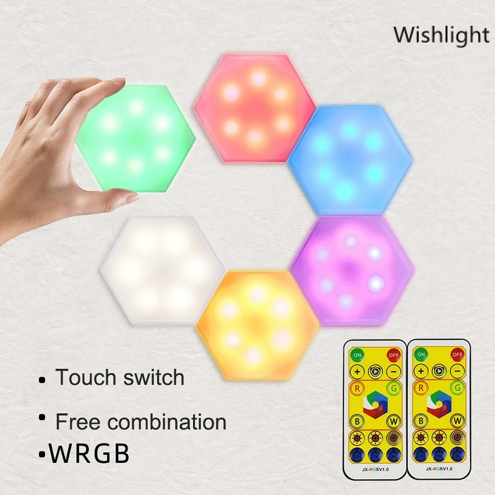

6 шт. RGB настенная лампа с пультом дистанционного управления модульные сотовые Огни Бесплатная Комбинация DIY светодиодный ночник на батарей...