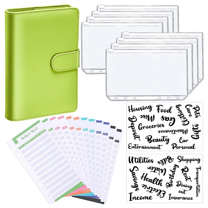 

A6 PU Leather Notebook Binder Budget Planning Notepad 6 Ring Binder Covers, 8 Binder Pockets,for Bill Planning