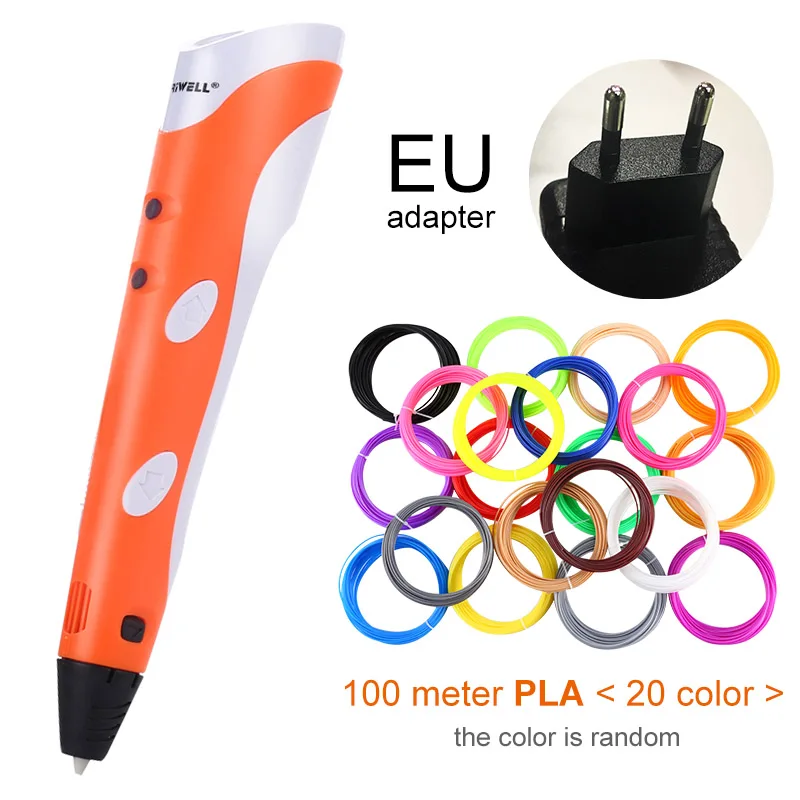 Myriwell, 3D Ручка,, сделай сам, 3D печать, ручка с 100 м ABS/PLA нитью, креативная игрушка, подарок для детей, дизайнерский рисунок - Цвет: Orange EU-100m PLA