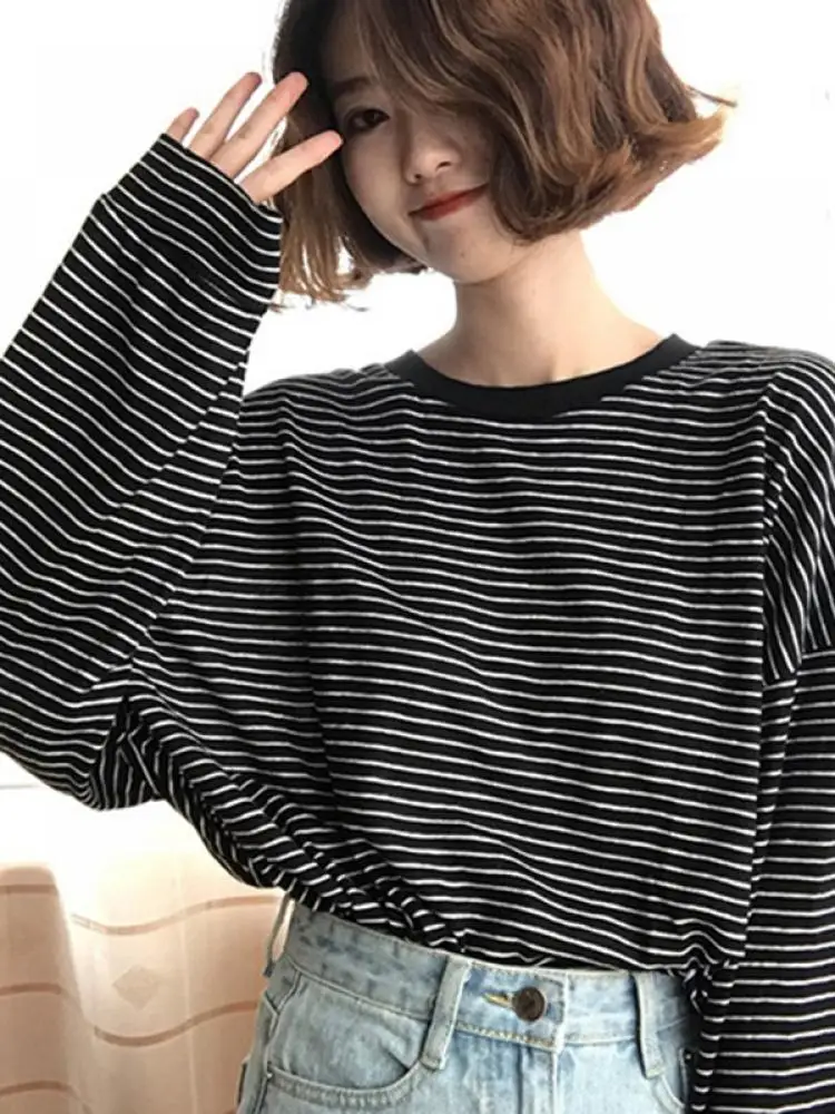 

Early Autumn New Ladies Korean Fashion Retro All-Match T-Shirt Simple Stripe Printing Short Round Neck Long Sleeve Top