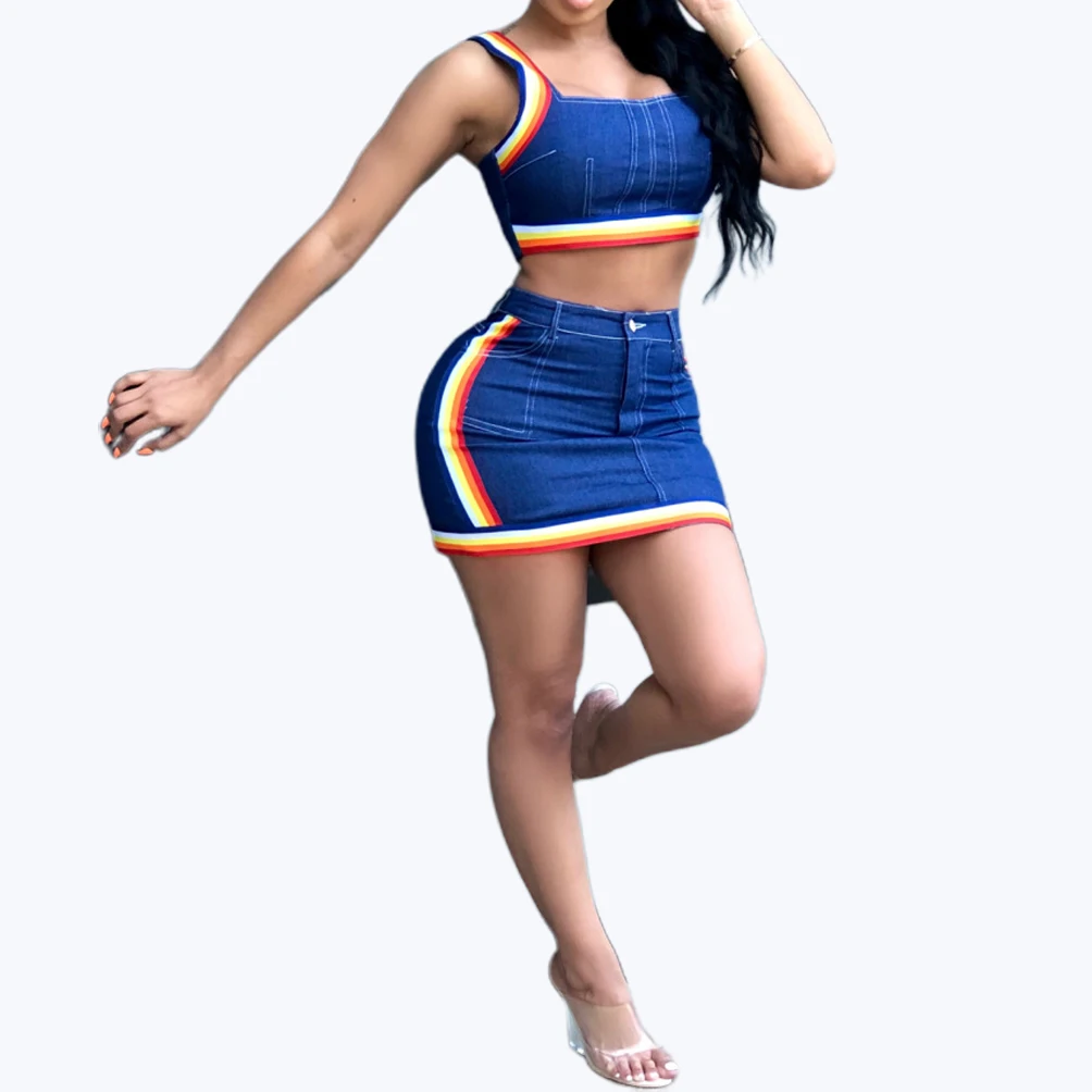 Женский костюм радуги из 2 предметов джинсовый в полоску на бретелях бюстье