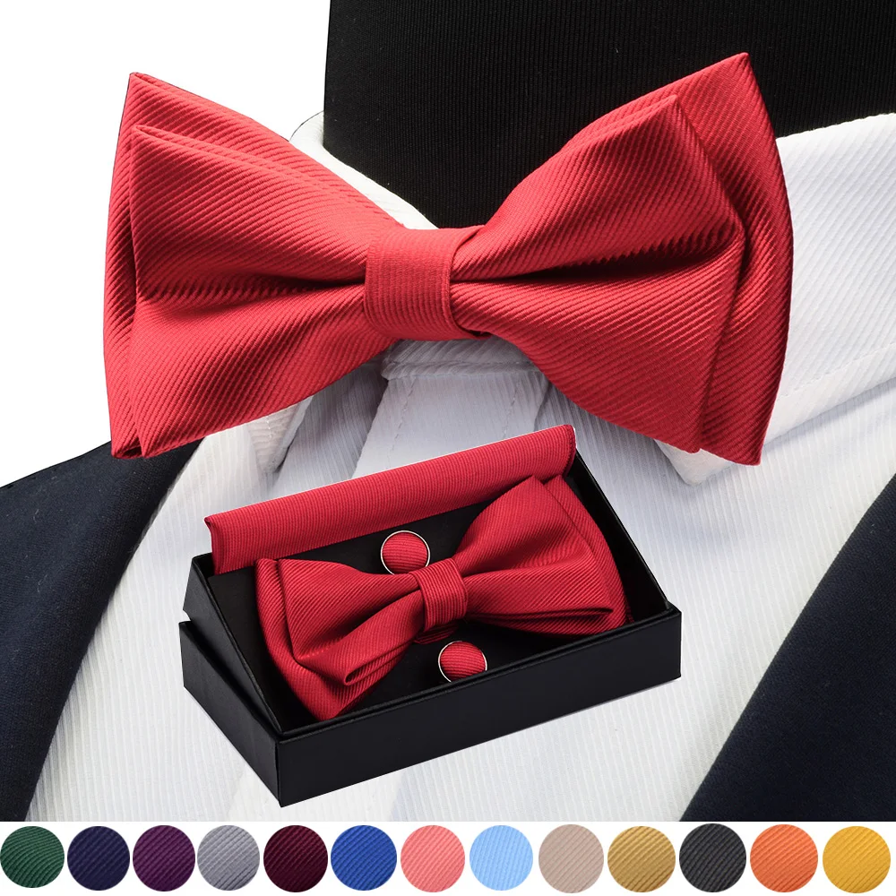 

GUSLESON Quality Bowties For Wedding Mens Solid Color Two Layer Pre-tied Bow Tie and Pocket Square Cufflinks Set with Gift Box