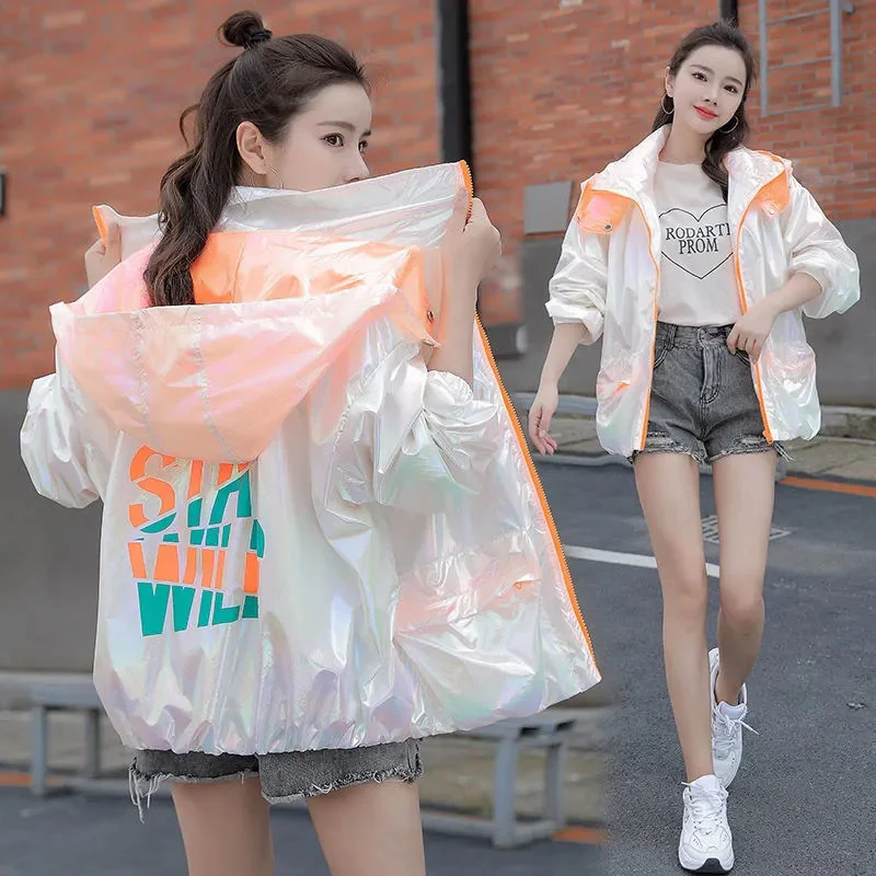 

2021 New Summer Glossy Sun protection Jacket Women Coat Hooded Windbreaker Female Student Colorful Thin Jackets sun protection