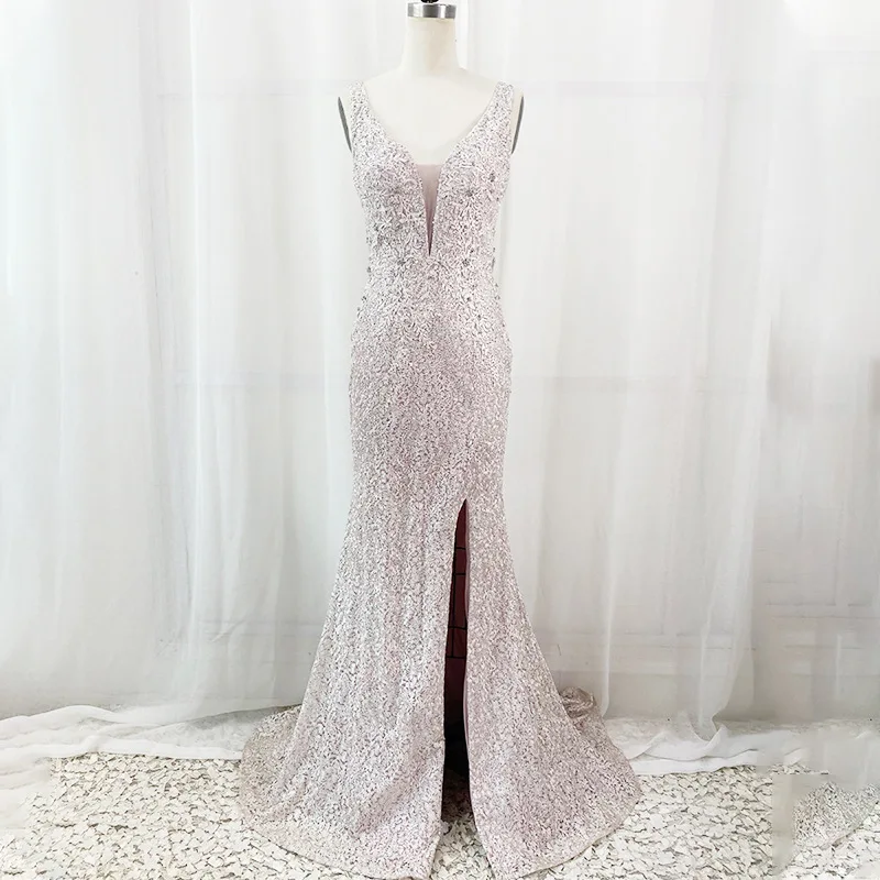 

21 luxury high quality Sequin temperament simple banquet long evening dress fashion sexy slim deep V-neck fishtail wedding dress