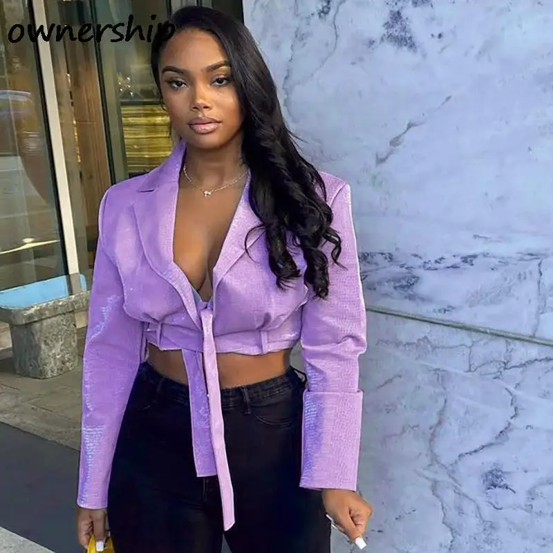 

Trendy Turn Down Collar Patchwork Women Cropped Jackets Casual Long Sleeve With Belt Single Button Purple Coat New Streeetwear