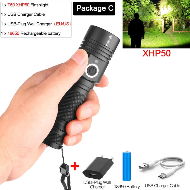 Package C 7000лм мощный светодиодный фонарь XHP70.2 перезаряжаемый фонарь XHP50 USB Zoom фонарь XHP70 охотничий фонарь для рыбалки 26650 18650 - Испускаемый цвет: Package C