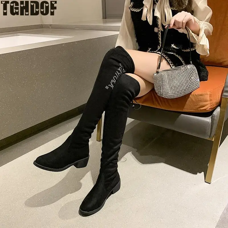 TGHDOF Women's Boots Spring And Autumn Fashion New High Quality High Boots Rhinestone Ring Decoration Round Head Solid Color