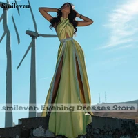 smileven sexy satin evening dress beaded halter prom dresses with 2 side split evening party gowns custom made