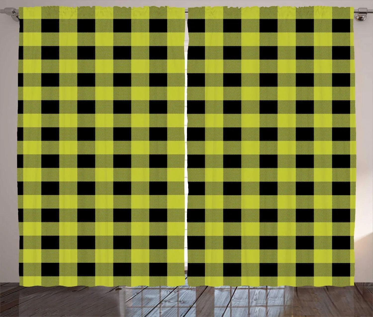 Apple Green Charcoal Grey Yellow Buffalo Check Curtains Retro Art Rustic Image nPlaid Repetitive Squares Living Room Window | Дом и сад