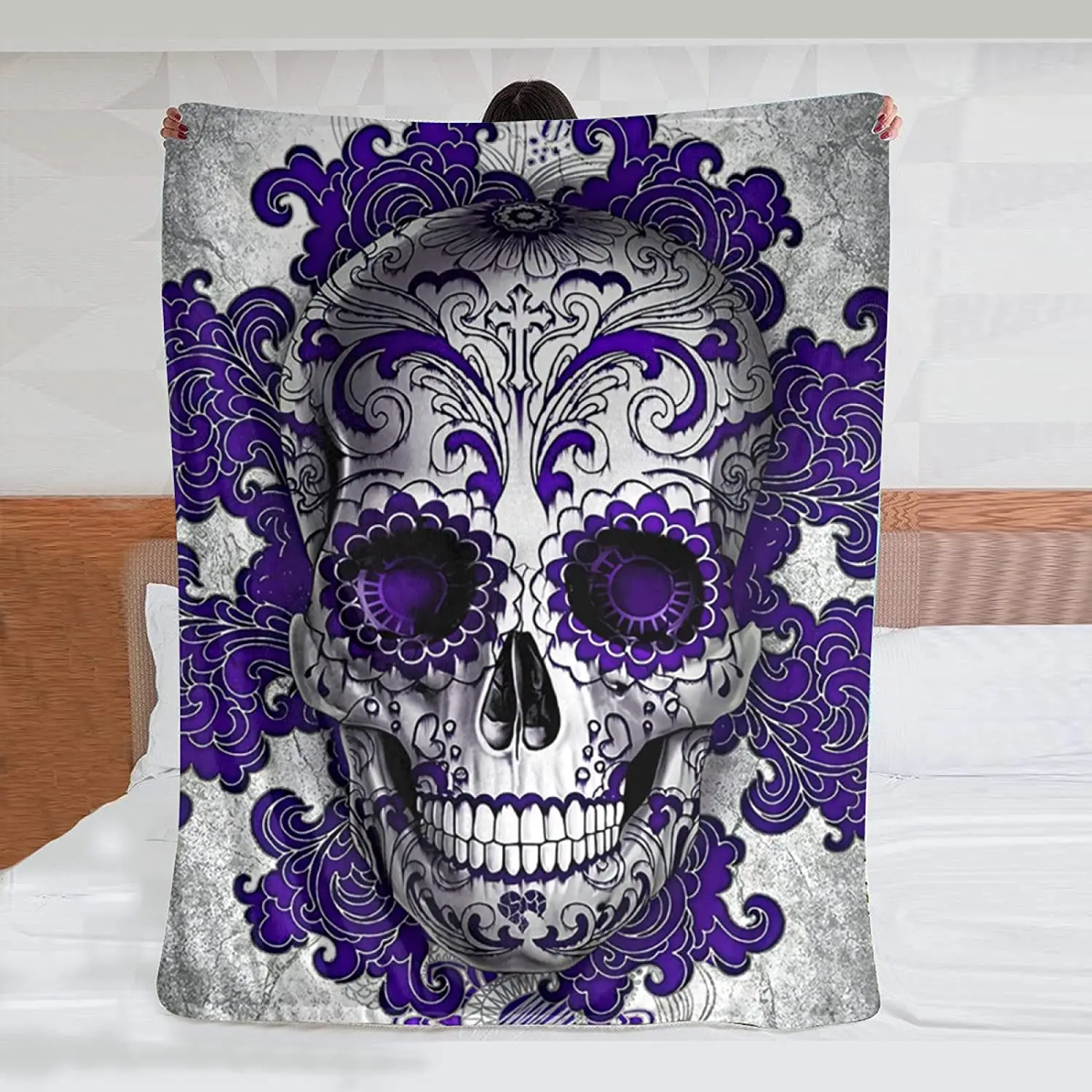 

Blue Sugar Skull Floral Throw Blanket Warm Ultra-Soft Micro Fleece Blanket for Bed Couch Living Room Decoration