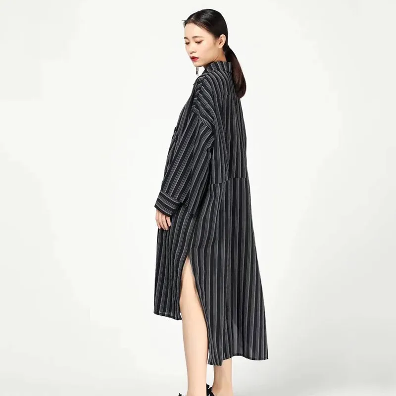 Женское платье в полоску с отложным воротником и рукавом фонариком|Женские