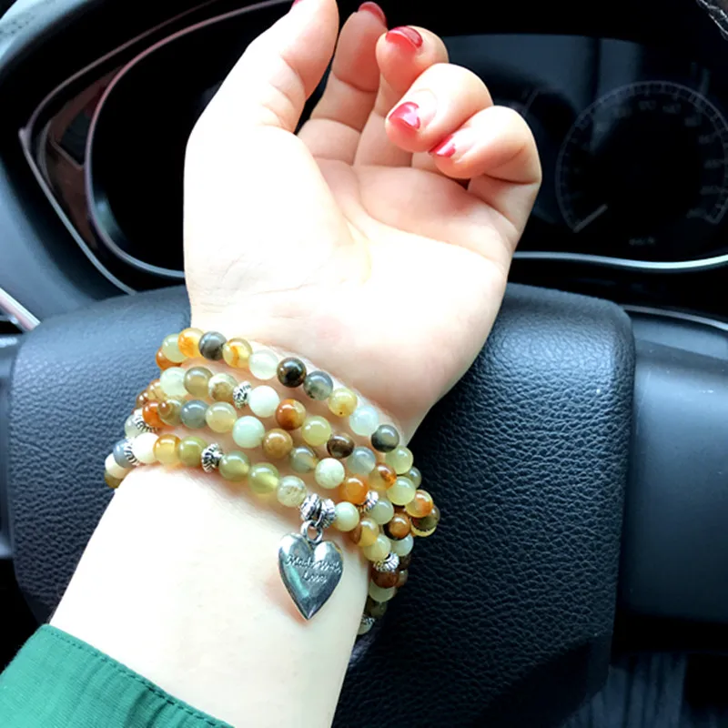 

Women Wrap Bracelet 74 CM Heart Pendant Colorful Jades Stone Color New Style Yoga Necklace Party Fashion Jewelry