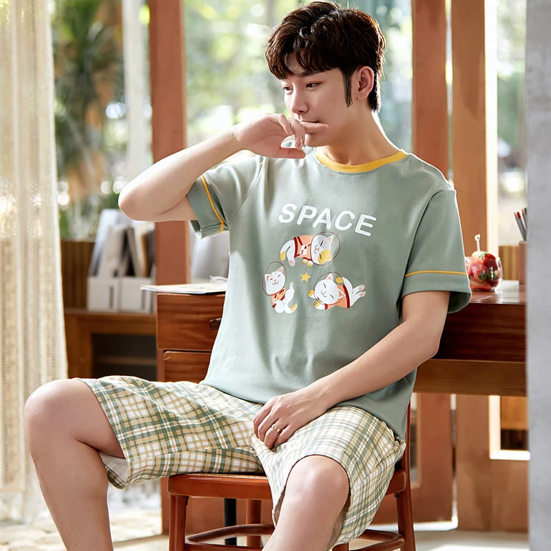 Мужская домашняя одежда с коротким рукавом костюм Летние повседневные клетчатые