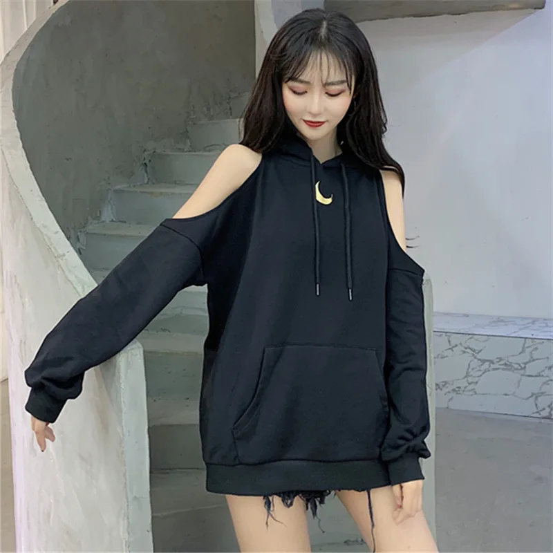 

Leisure Hoodies Korean Loose Casual Crescent Print Shoulder Bare Hooded Pullovers Women Streetwear Plus Size Sweatshirts