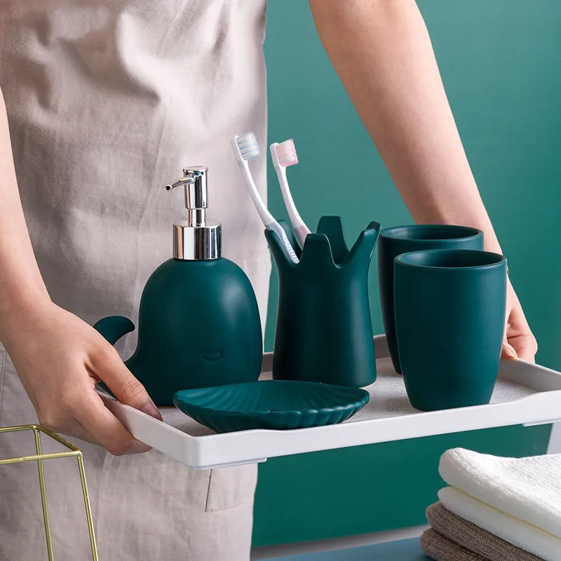

European Ceramic Solid Color Bathroom Accessory Set Washing Tools Liquid Soap Dispenser Soap Dish Toothbrush Holder Articles