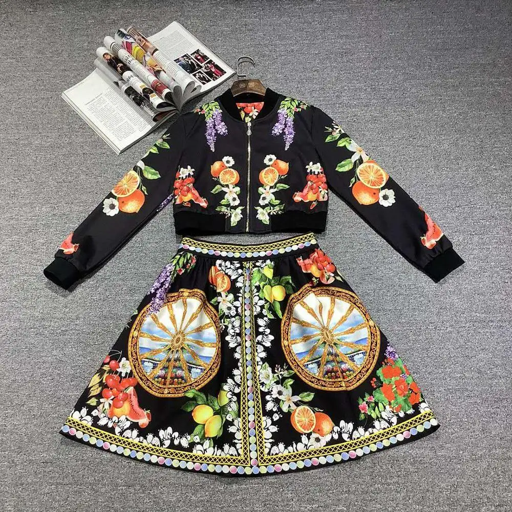 

VERDEJULIAY Autumn Women 2 Piece Suit Designer Vintage Long Sleeve Floral Print Jacket + Skirt Twinset Fashion Lady Set