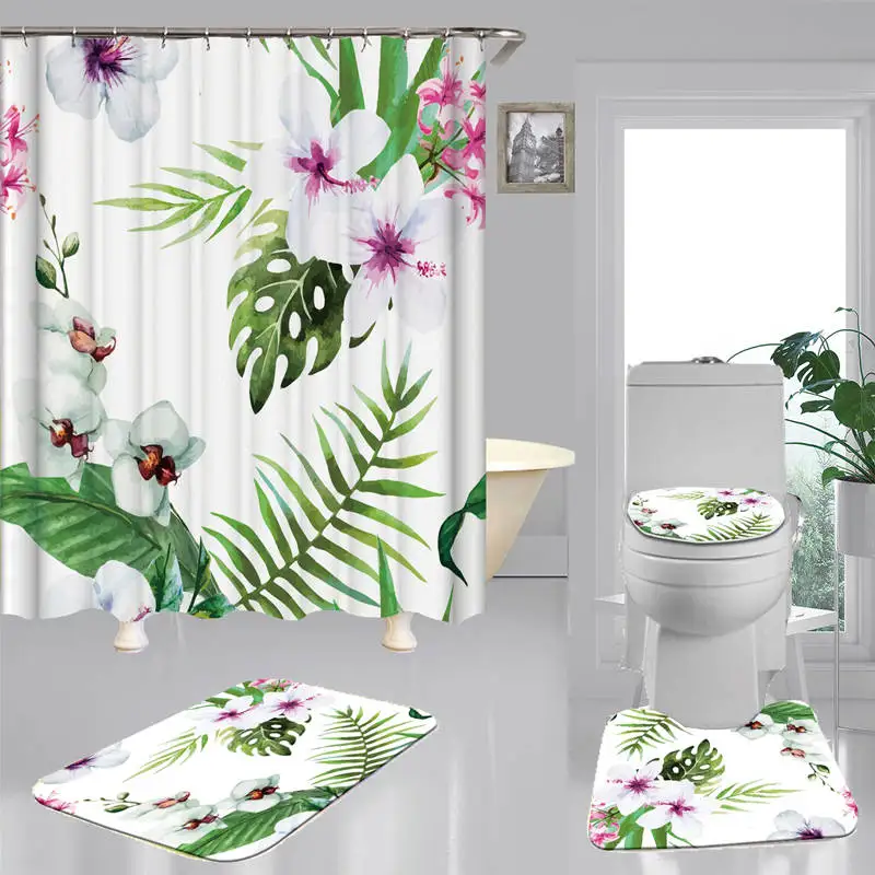 

Занавеска для душа из полиэстера с тропическими растениями и листьями черепахи, нескользящий коврик для ванной, крышка для туалета, коврики...